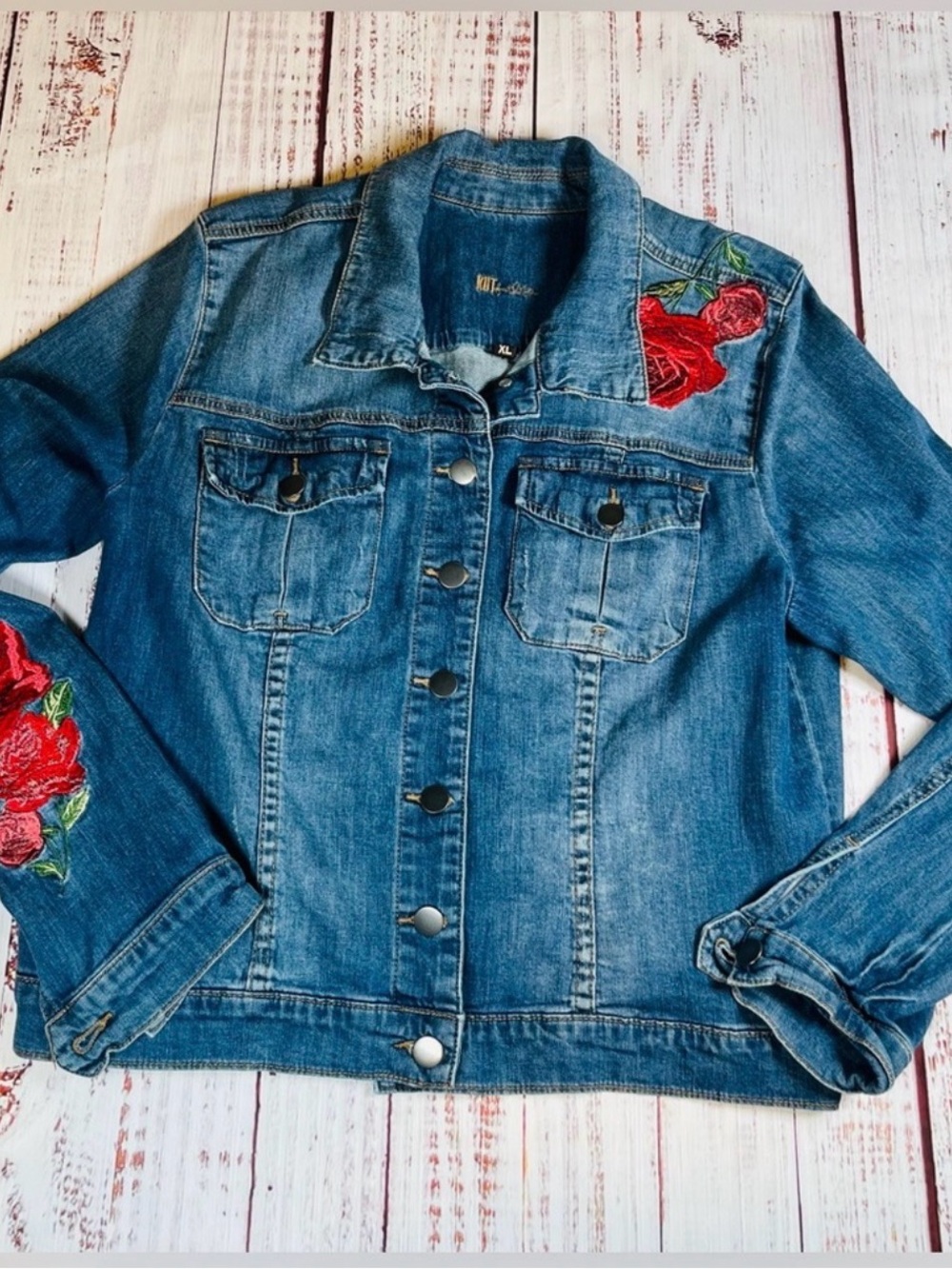 Kut from the Kloth Blue Denim Jean Jacket with Rose Accent Size XL